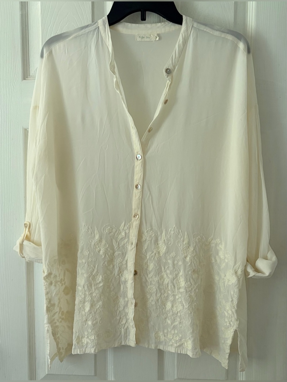 Women's Ivory Embroidered Button-Down Shirt - Lightweight Roll-Sleeve